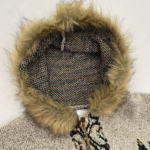 Northern Angel Cardigan Sweater Duster Womens Small Tan Aztec Hooded Fur Trim - Picture 4 of 11
